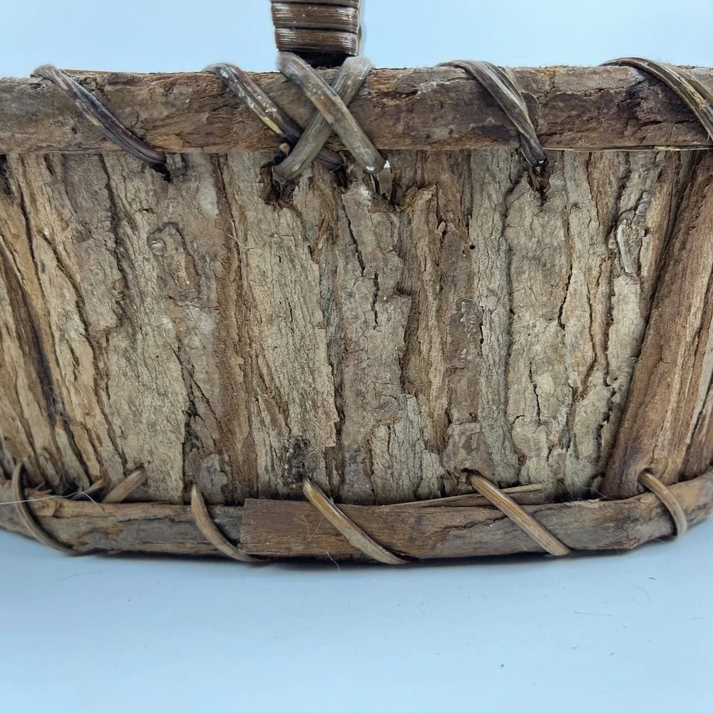 Rustic Natural Tree Bark Gathering Basket with Handle Oval Primitive Wood Decor